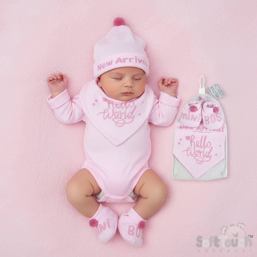Soft Touch  5023797304514 STHBB254P "Hello World" Bib, Hat & Bootee Pom Pom Set (NB-3m)