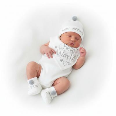 STHBB254W  "New Arrival" Bib, Hat & Bootee Pom Pom Set  (NB-3m)