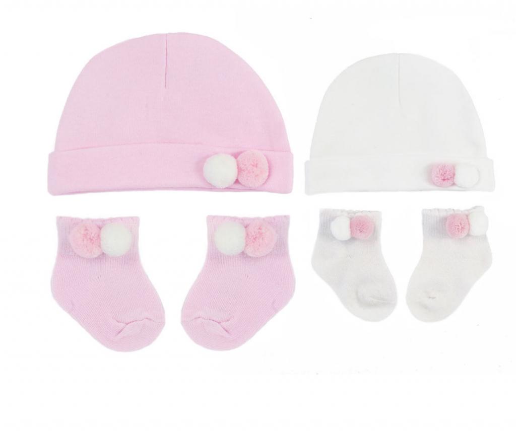 Soft Touch  5023797305504 STHS106-p Pom Pom Hat and sock set (Newborn - 6months)