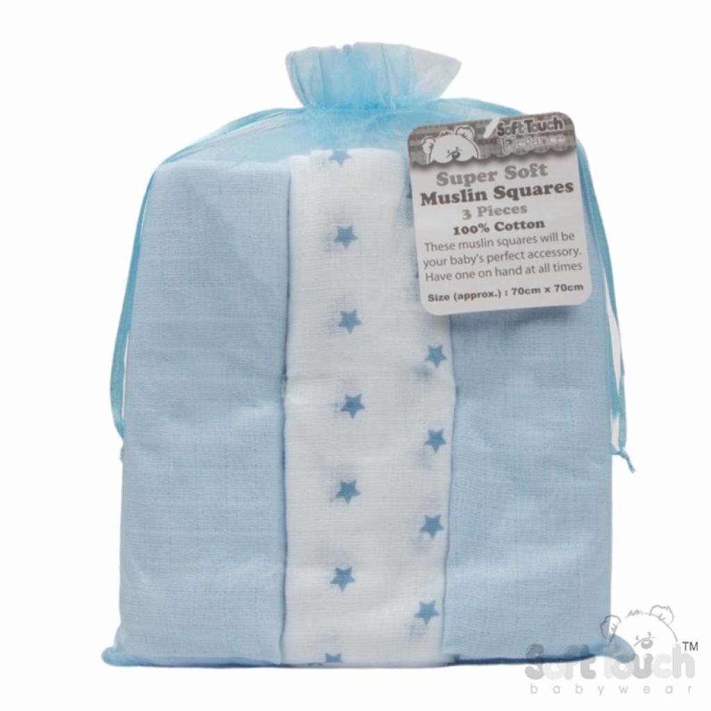 Soft Touch 4MS13-B * STMS13-B 3 Pack Blue Deluxe Super Soft Muslin