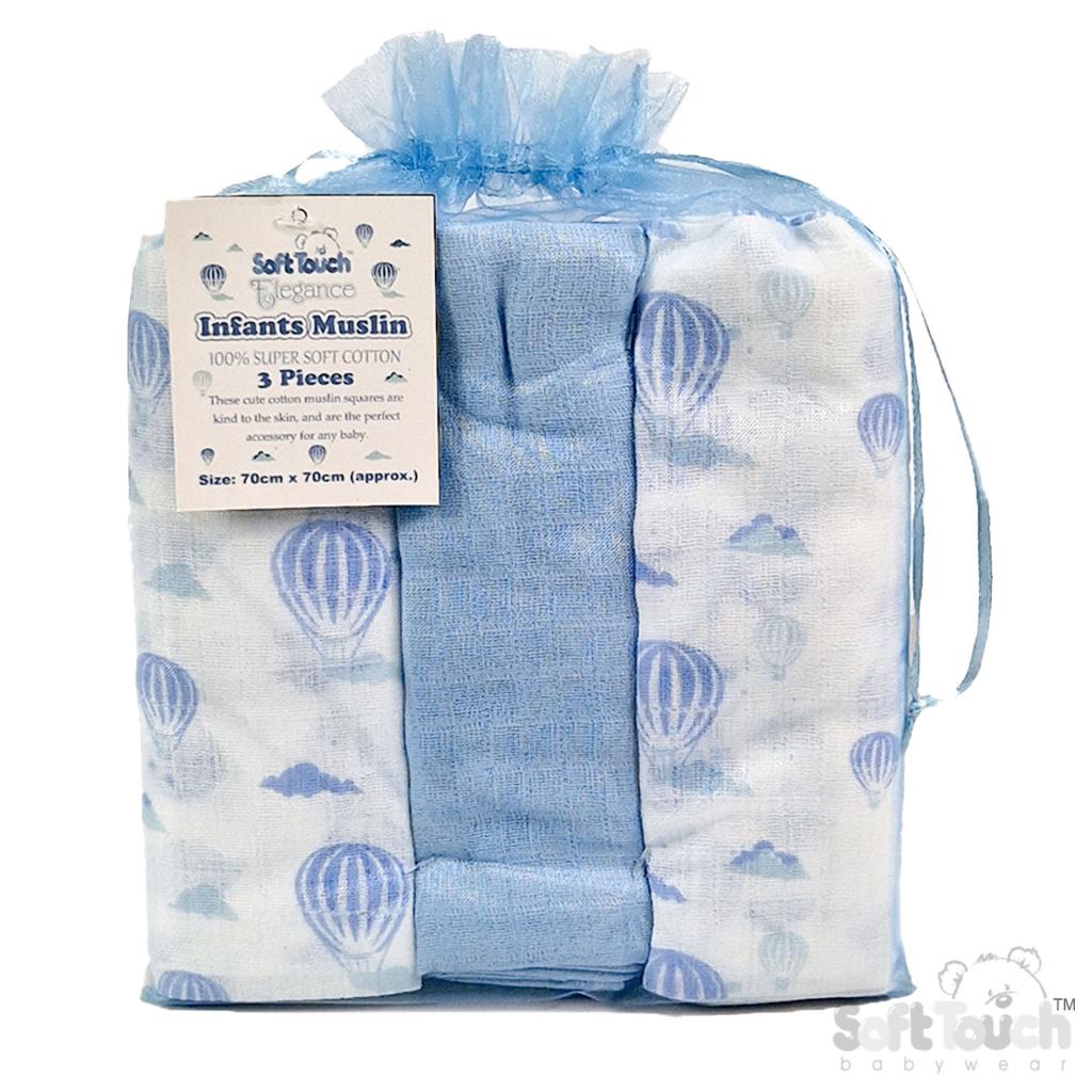 Soft Touch 4MS15-B 5023797314964 STMS15-B Three pack Deluxe Sky Blue Muslins in a net bag