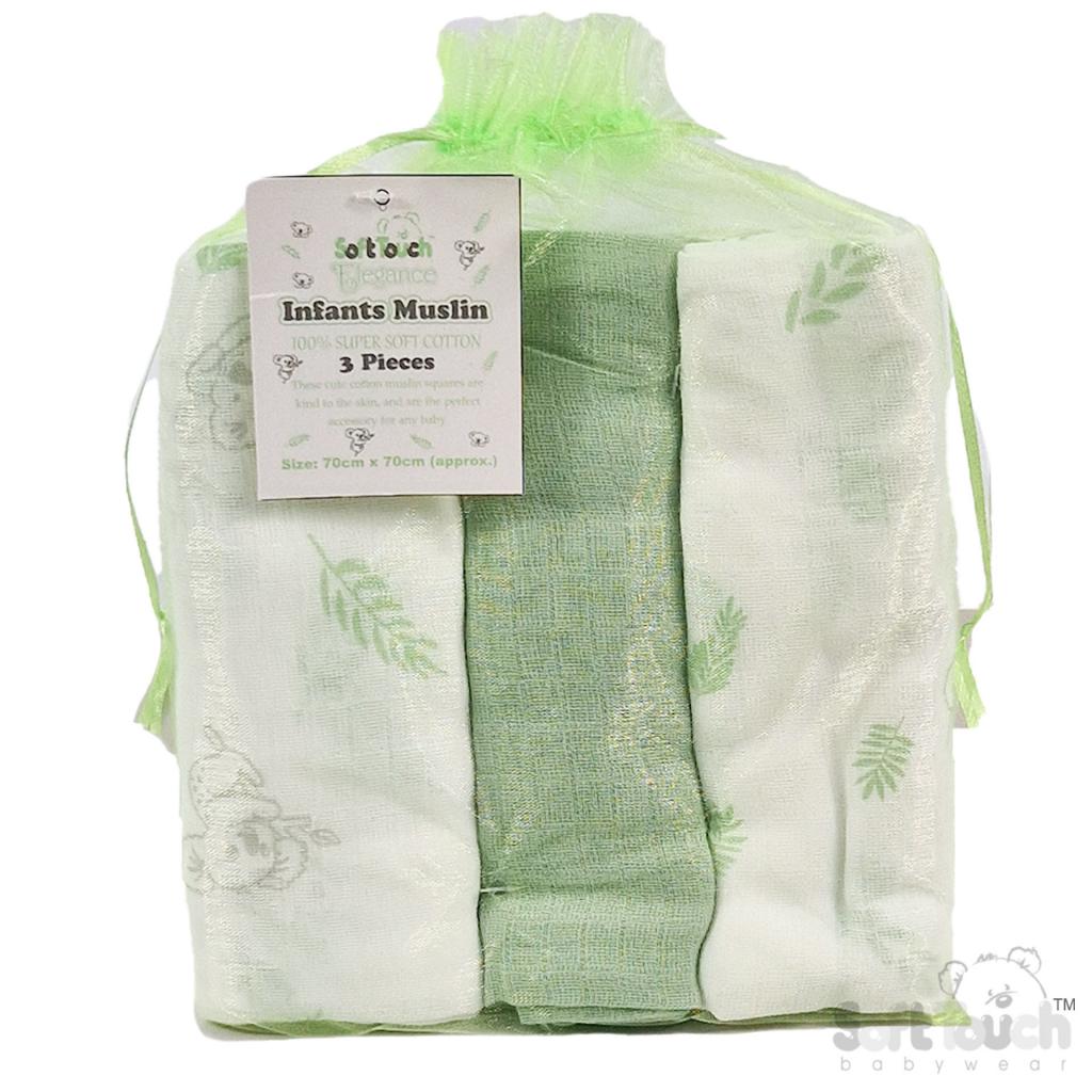 Soft Touch 4MS15-SG 5023797314995 STMS15-SG Three Pack Deluxe Sage Muslins in a Net Bag