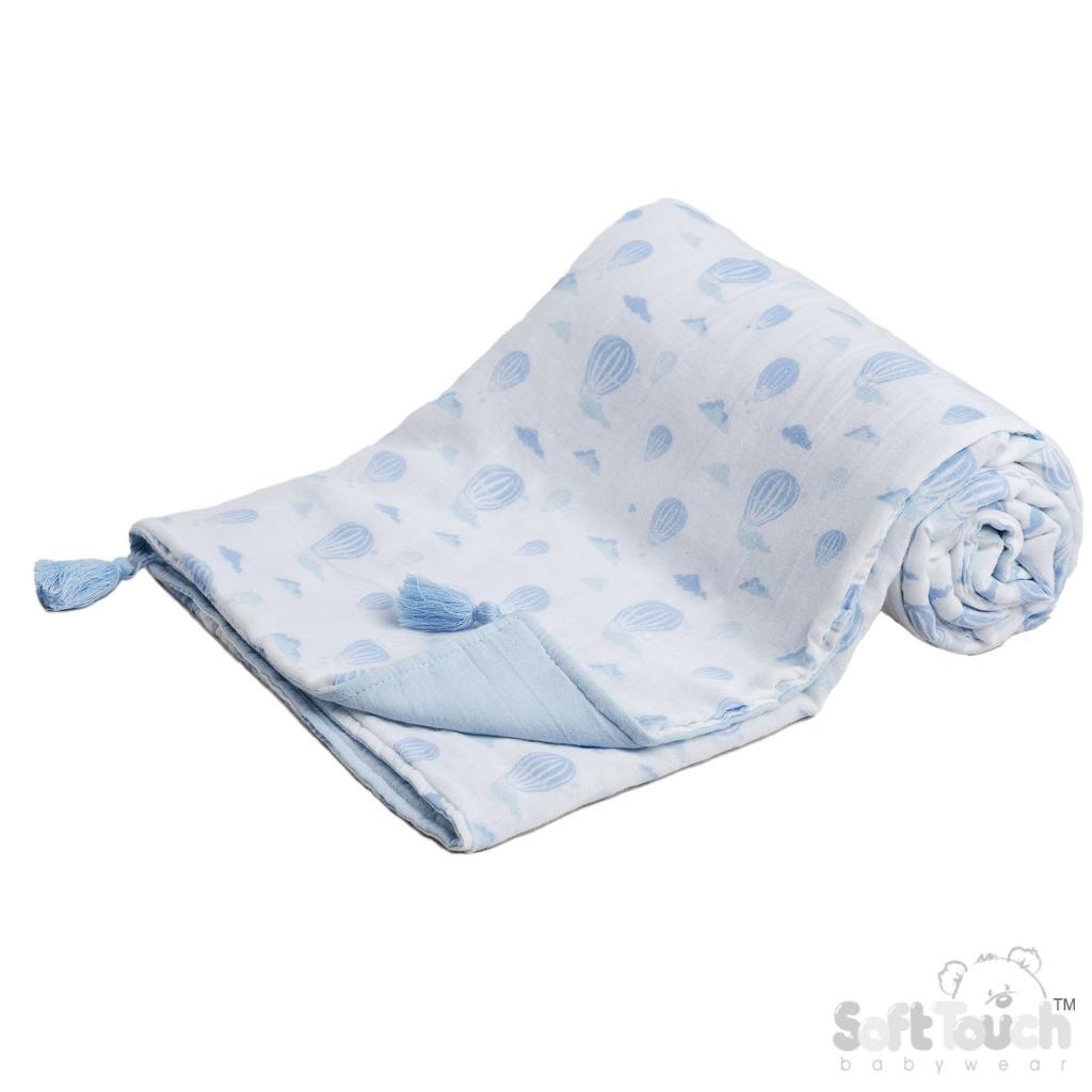 Soft Touch 4MS500-B 5023797315008 STMS500-B Sky Double muslin large padded wrap with tassels