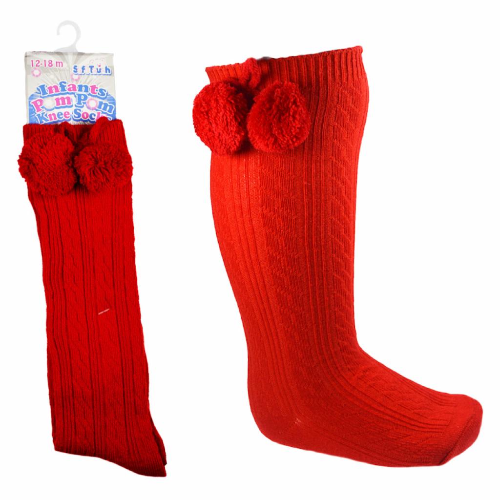 Soft Touch 4S108-R 5023797404368 STS108-R Red Ribbed Knee socks with Pom (12-24m)