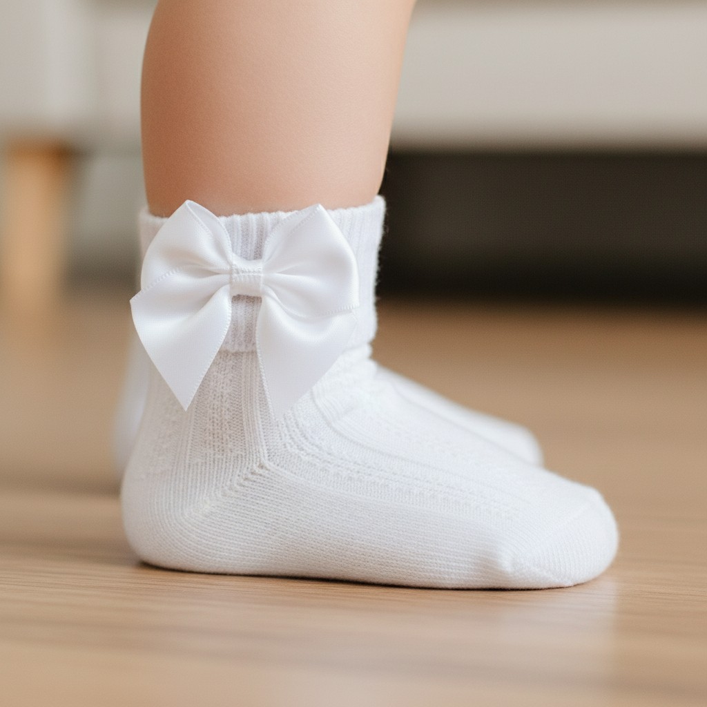 Soft Touch 4S123-W 5023797404405 STS123-W White Ribbed With Bow Sock (0-24 months)