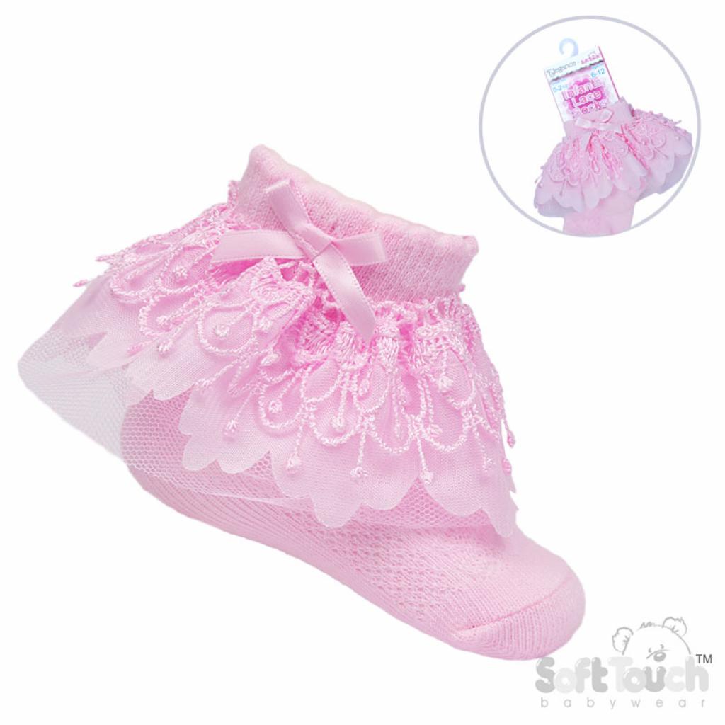 Soft Touch 4S340 5023797406508 STS344-P Pink Bell Lace Sock (0-12 months)