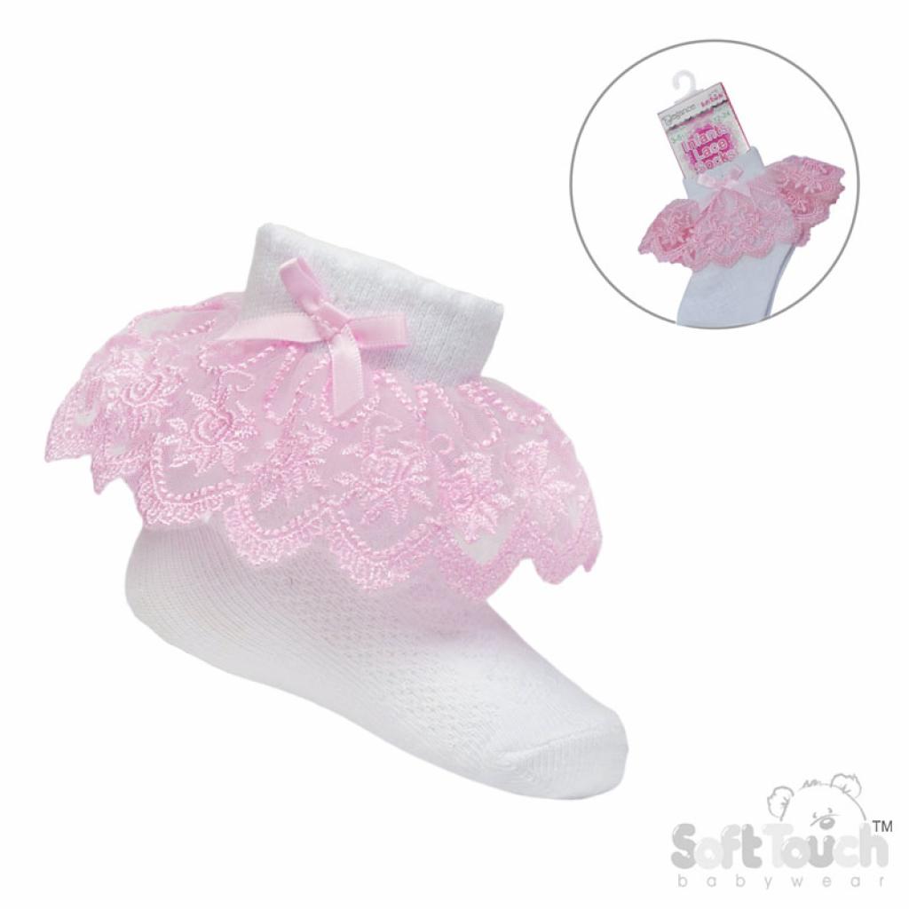 Soft Touch 4S346 5023797406522 STS346-WP Pink  Floral Lace Sock (0-12 months)