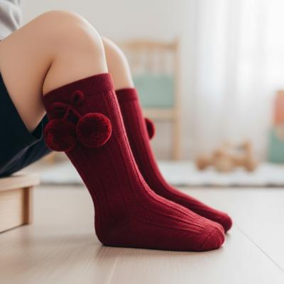 STS355-BU  Elegance Burgundy Pom pom Sock  (0-24 months)