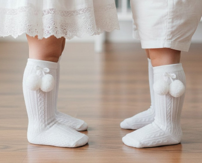 Soft Touch 5023797405740 STS355-W Elegance White Pom pom Sock (0-24 months)