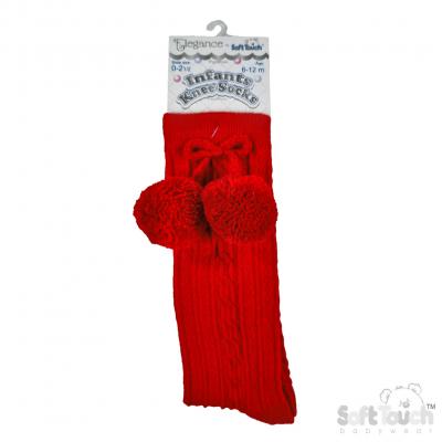 Soft Touch 4S355-R 0-6=5023797408953, 6-12=5023797408960, 12-24=5023797408977 STS355-R Elegance Red Pom pom Sock (0-24 months)