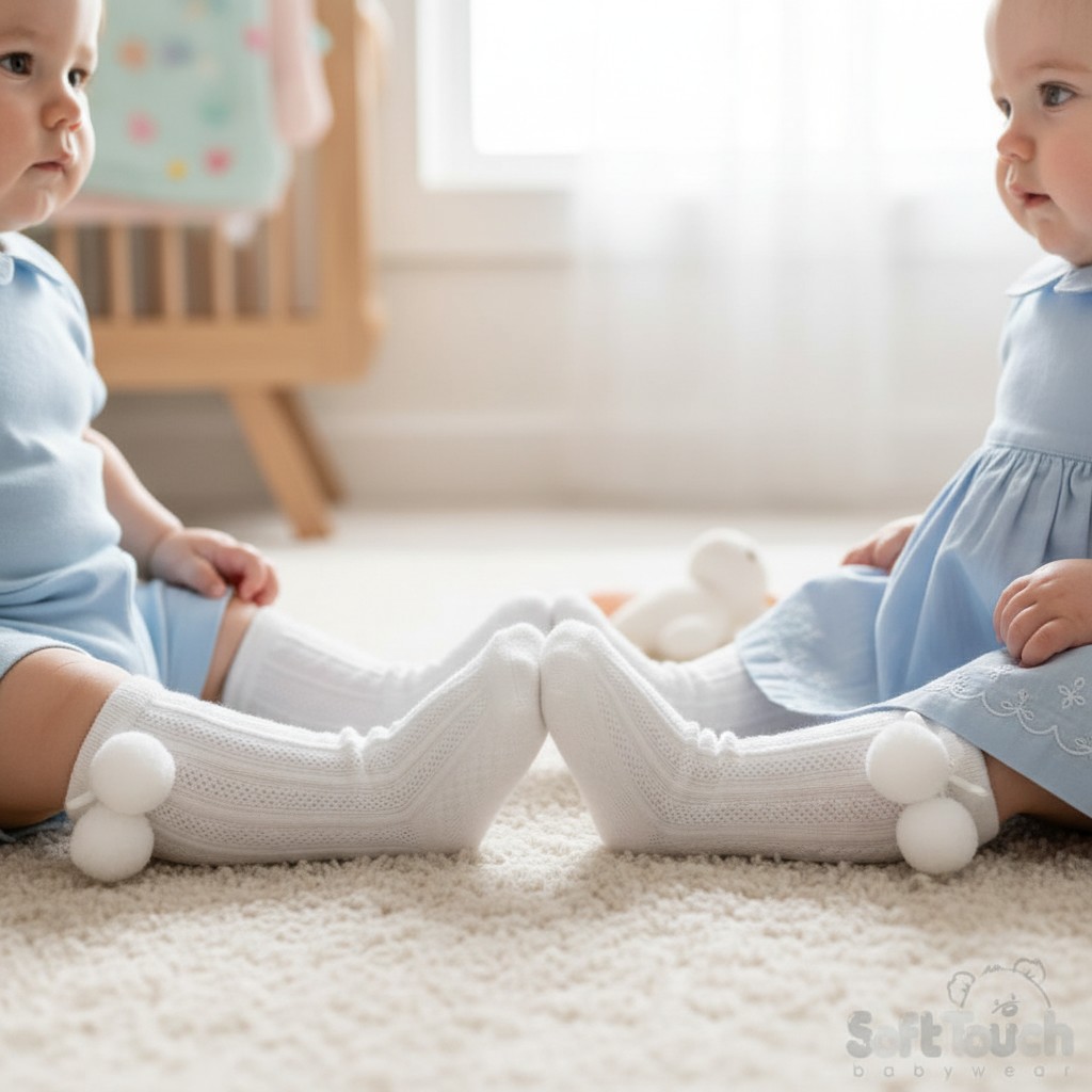 Soft Touch 5023797405740 STS355-W-0-6 Elegance White Pom Pom Sock (0-6 months)
