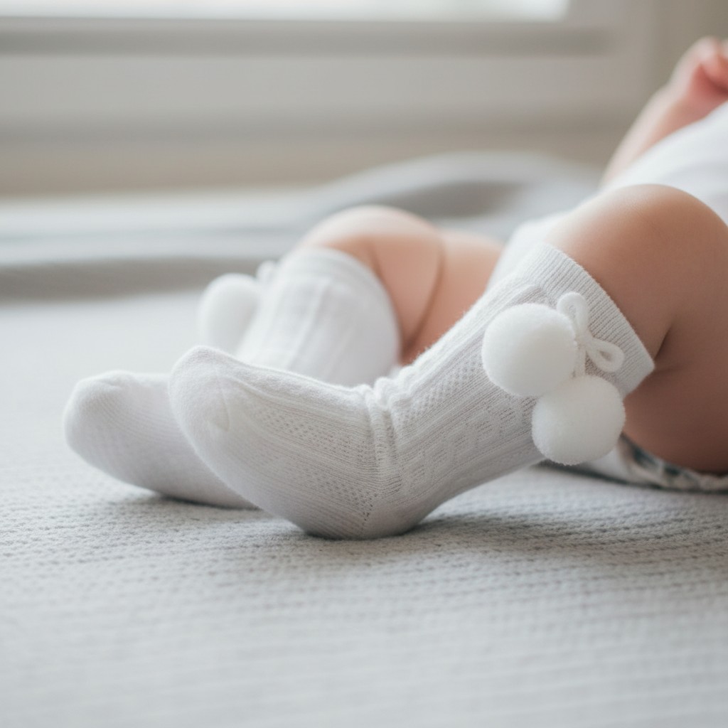 Soft Touch  5023797407277 STS355-W-6-12 Elegance White Pom pom Sock (6-12 months)
