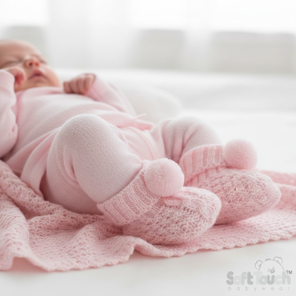 Soft Touch S443-P * STS443-P Pink Pom Pom Booties (newborn +)