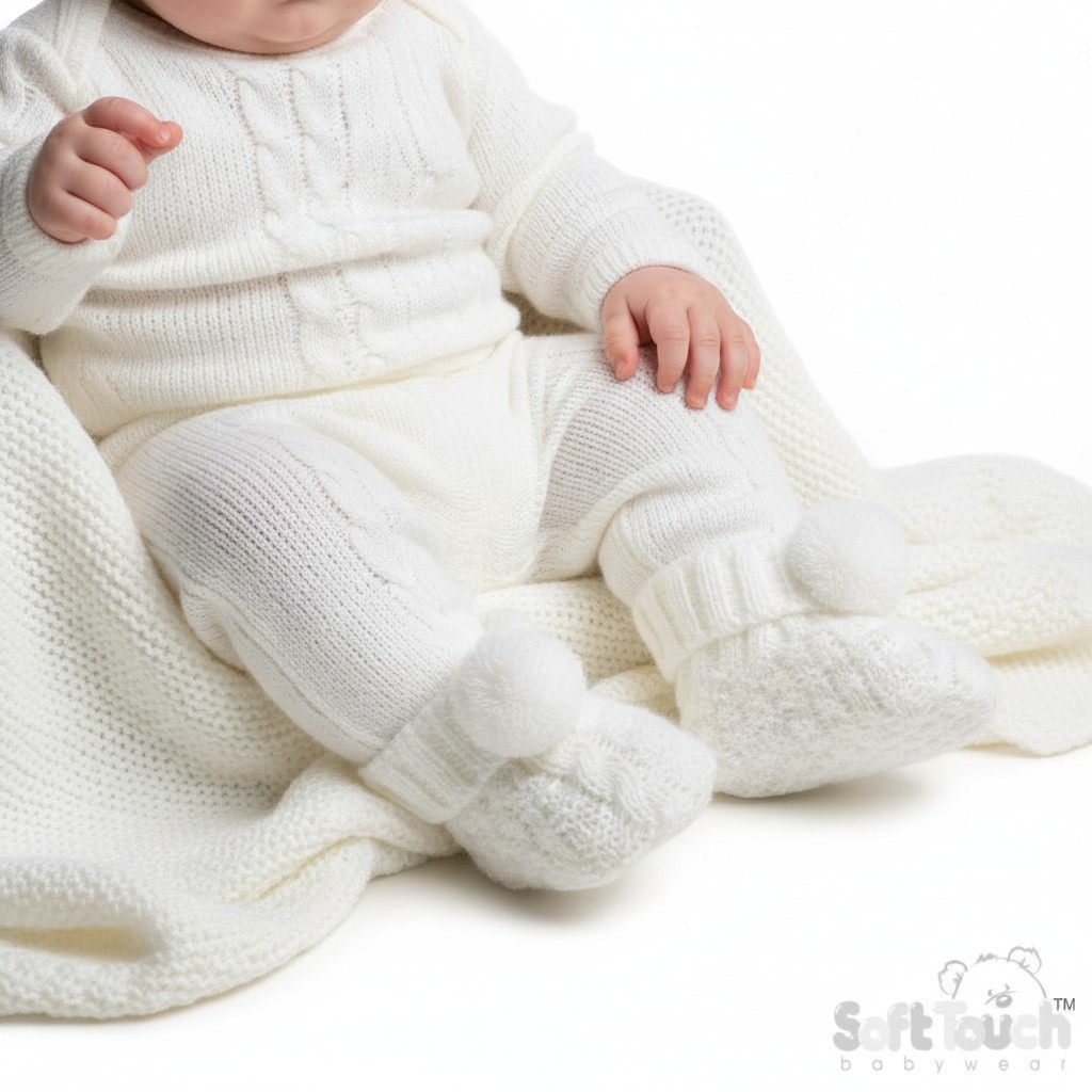 Soft Touch  * STS443-W White Pom Pom Booties (newborn +)