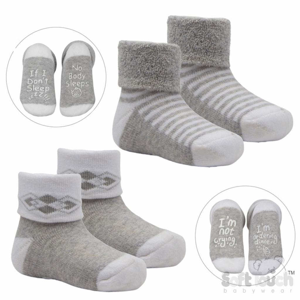 Soft Touch   STS520-G Grey Twin Pack No Slip Socks (NB-12 months)