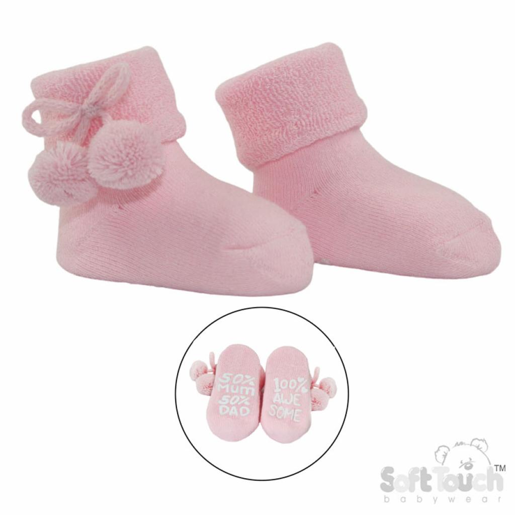 Soft Touch   STS522-P Pink No Slip Terry Pom Pom Socks (NB-12 months)