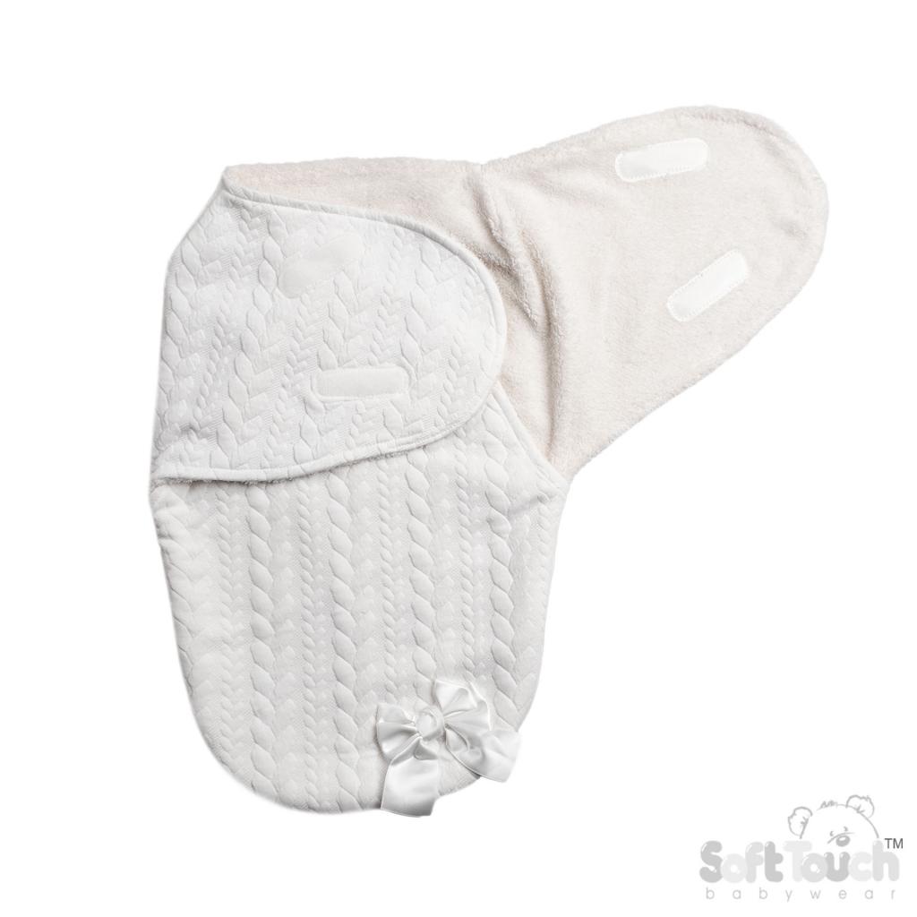 Soft Touch SW120-W 5023797314353 STSW120-Wh White Cable Bow Swaddle Wrap (0-3 months)