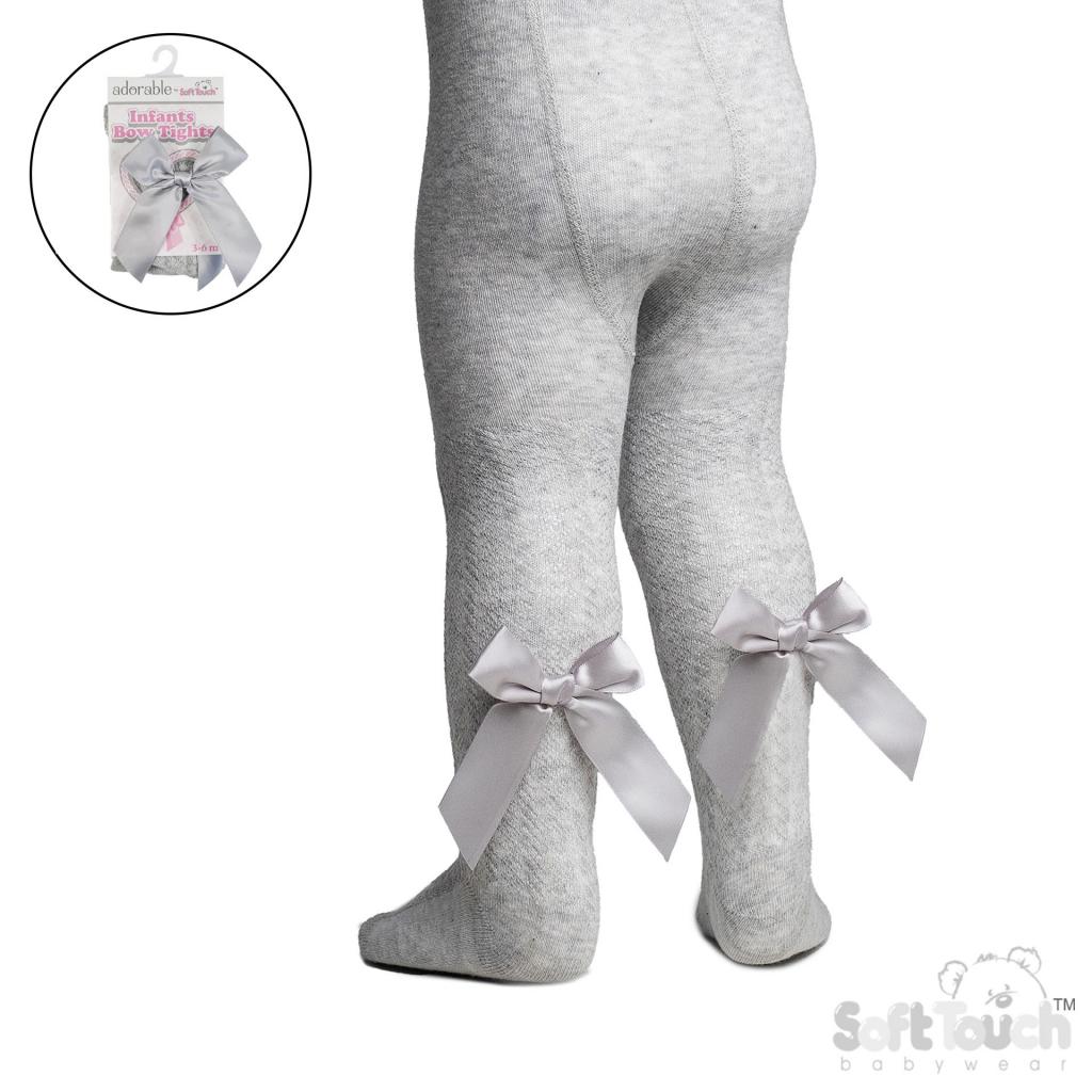 Soft Touch 4T120-G 5023797405006 STT120-G Grey Jaquard Tights with Long Bow (Newborn to 24m)