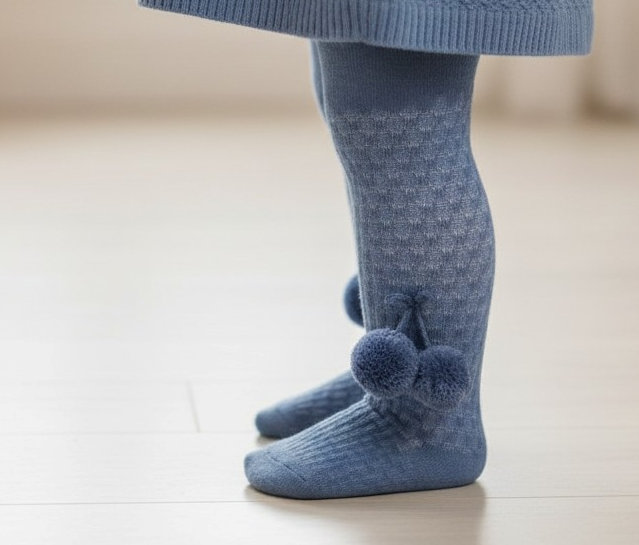 Soft Touch  5023797405891 STT45-SB Checked Double Pom Pom Tights (Newborn to 24 months)