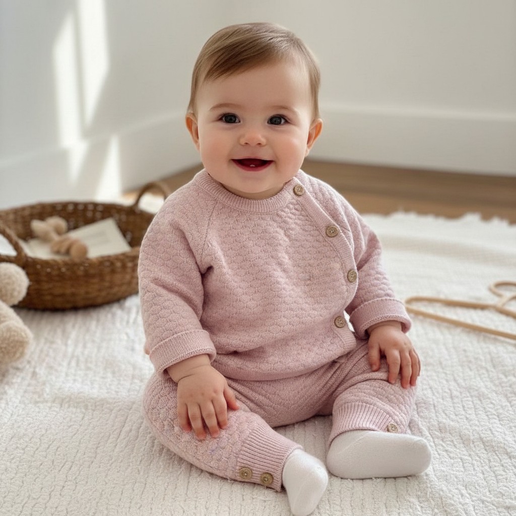 Sevva  33871154262802 SV2403-P Pink Honeycomb  Knitted Two Piece  (0-12 months)