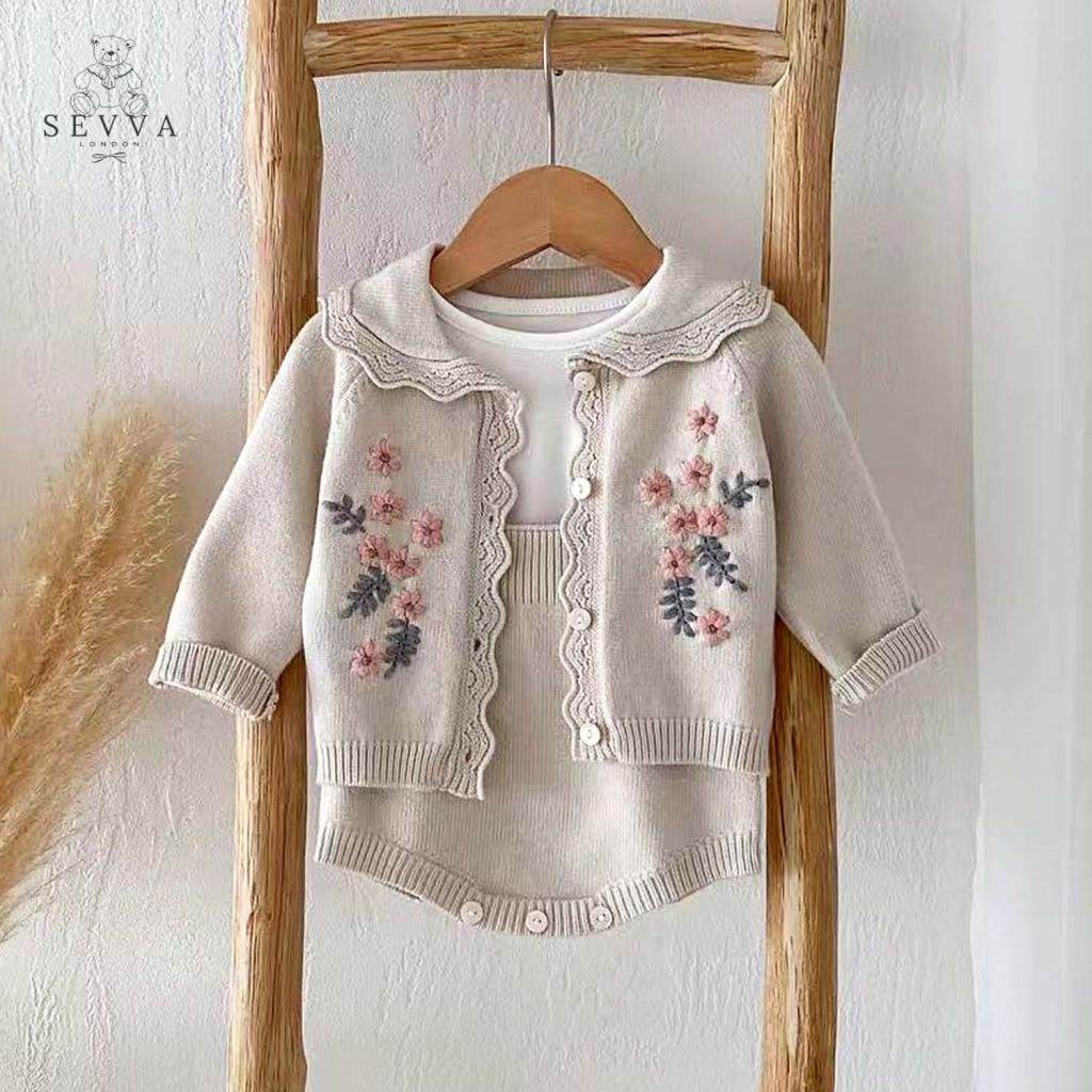 Sevva  338711516515614154 SV2421-S Sand Floral Embroidered Knitted Two Piece (0-12 months)