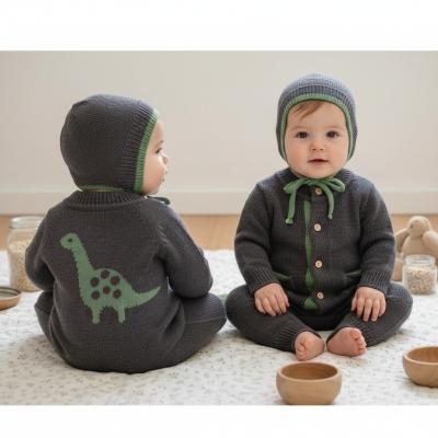 SV26061N  Navy  Dinosaur Knitted Romper & bonnet  (0-12 months)