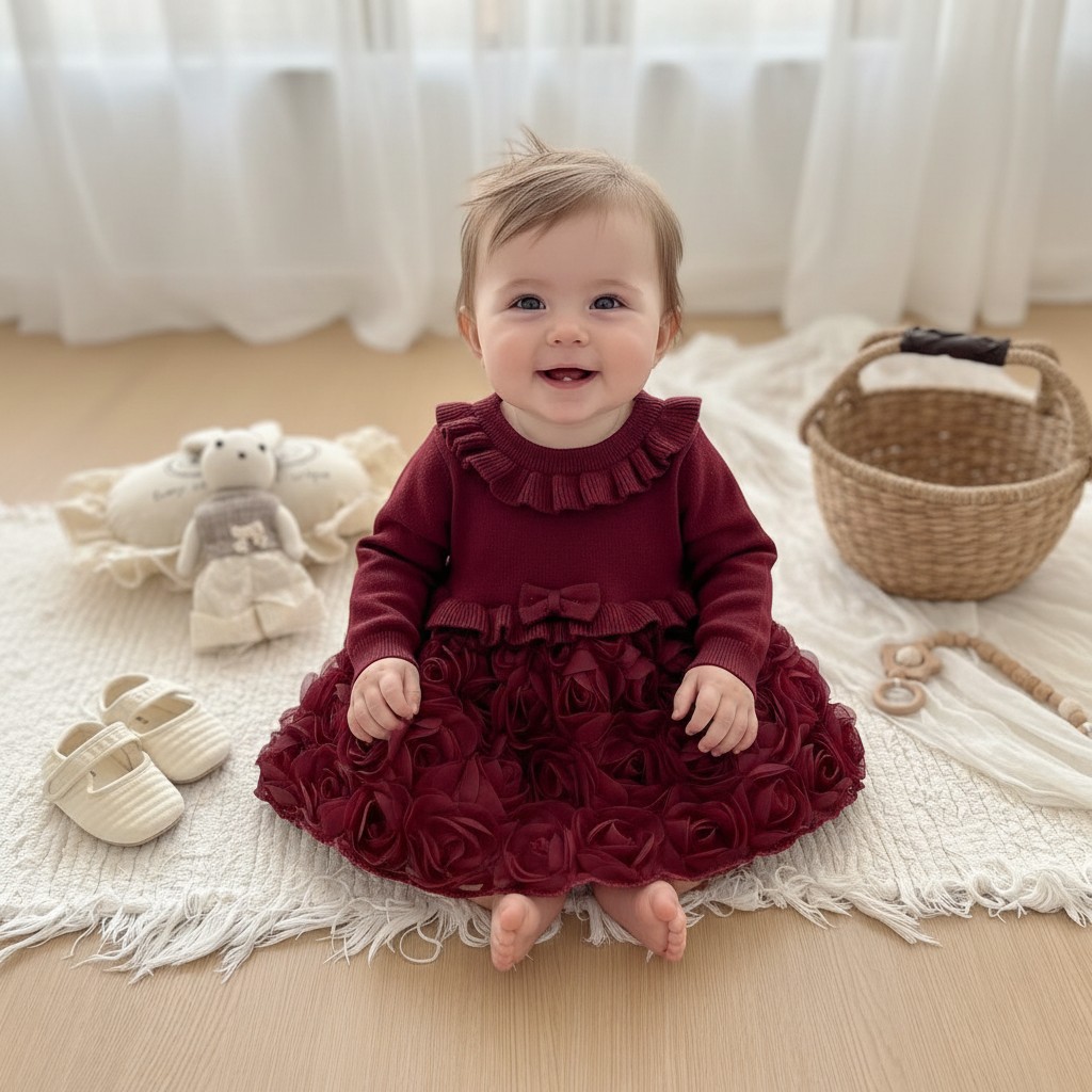Sevva 26003Red  SV26003-R Burgundy Knit and rosette dress (0-12 months)