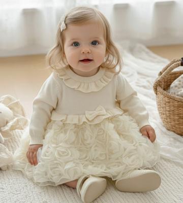 SV26003I  Ivory Knit and rosette dress  (0-12 months)