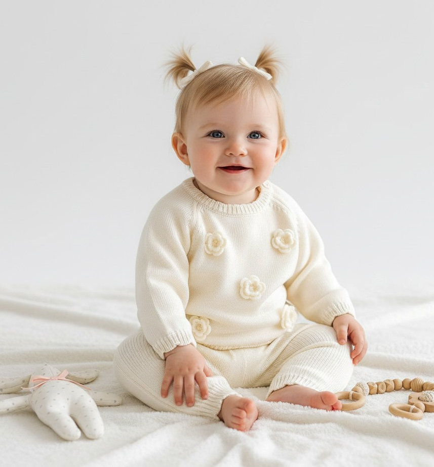 Sevva 26014Ivory  SV26014I Ivory Knit and rosette Top & Trouser (0-12 months)