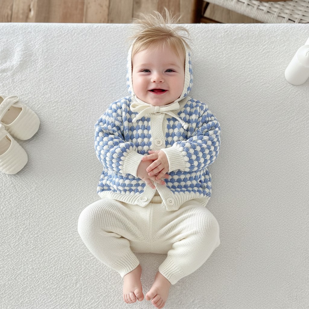 Sevva 26016 Blue  SV26017B Blue Vintage Knit Top, Trousers & Bonnet(0-12 months)