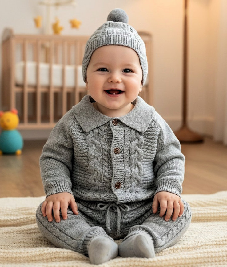 Sevva  * SV26035G Grey Knitted Cardi, trouser and hat (0-12 months)