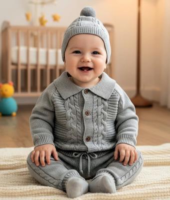 SV26035G  Grey Knitted Cardi, trouser and hat  (0-12 months)