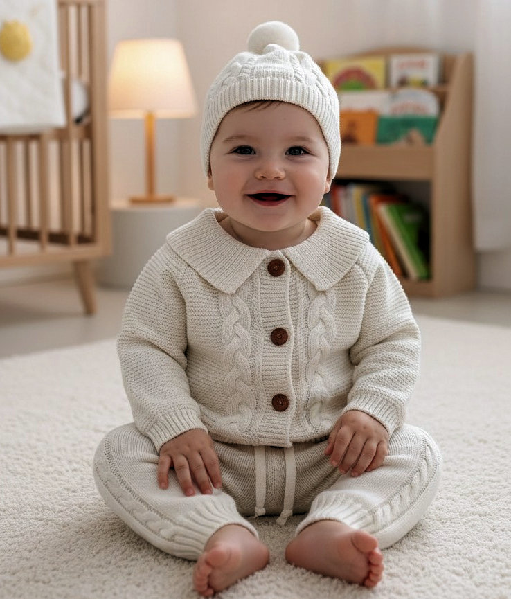 Sevva  * SV26035I Ivory Knitted Cardi, trouser and hat (0-12 months)