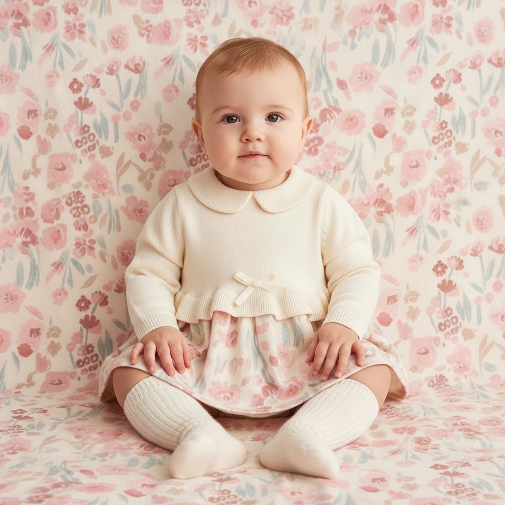 Sevva 26062 * SV26062p Ivory Knit and Woven dress (0-12 months)