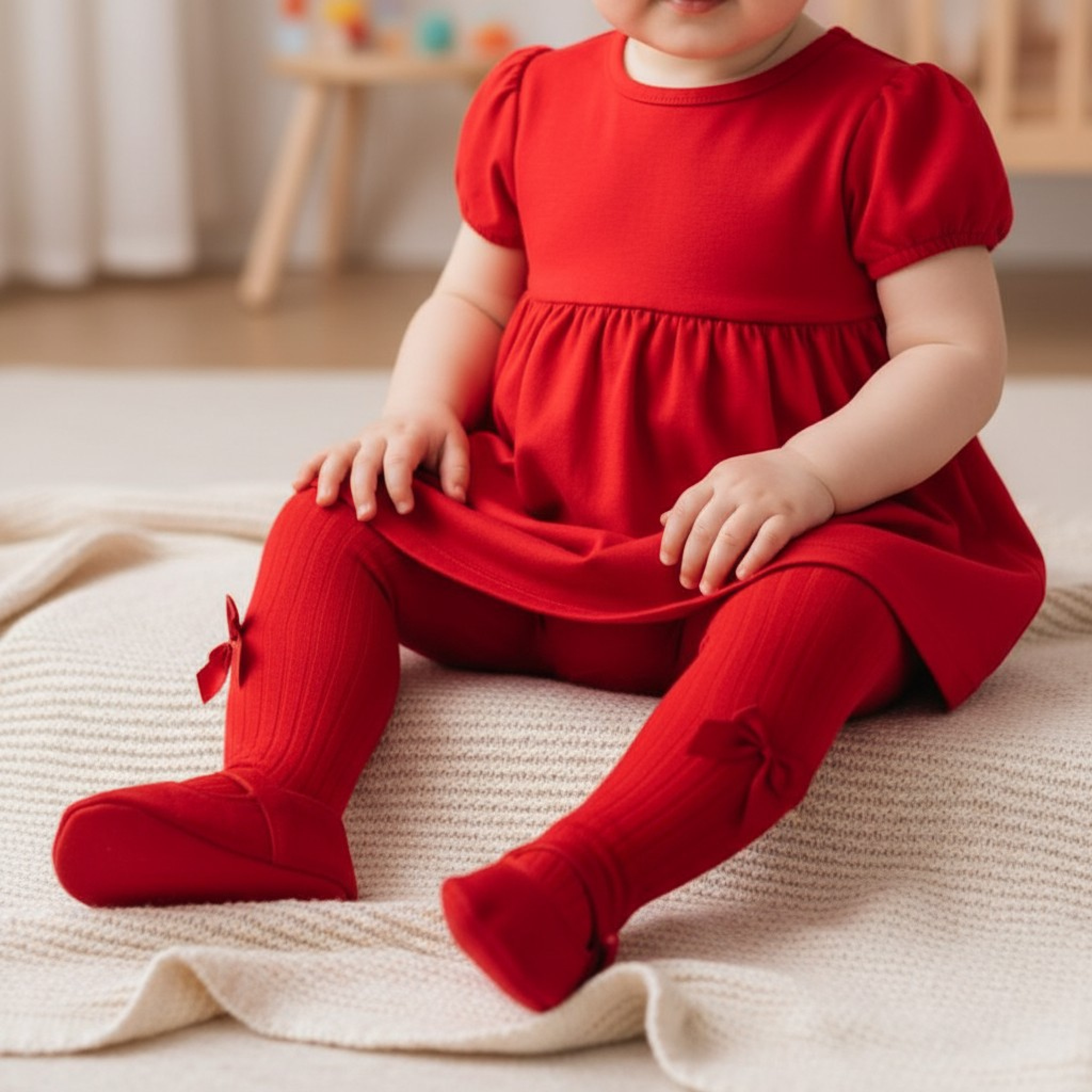 Sevva   SVKITTYR Red Ribbed Bow Tights ( 6 months only)