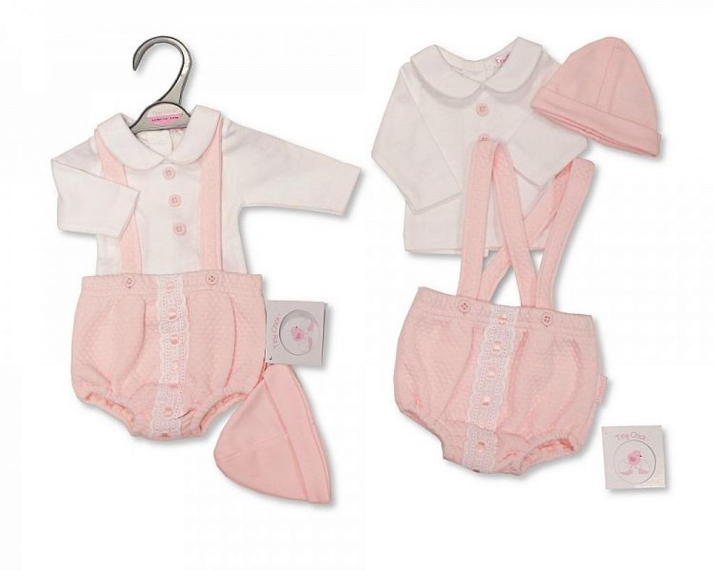 Tiny Chick PB-20-368P 3-5 lbs = 5035320453682, 5-8lbs = 5035320453689 TC20-368Pi Pink "Bow and Lace" Dungaree Set (3-8lbs)