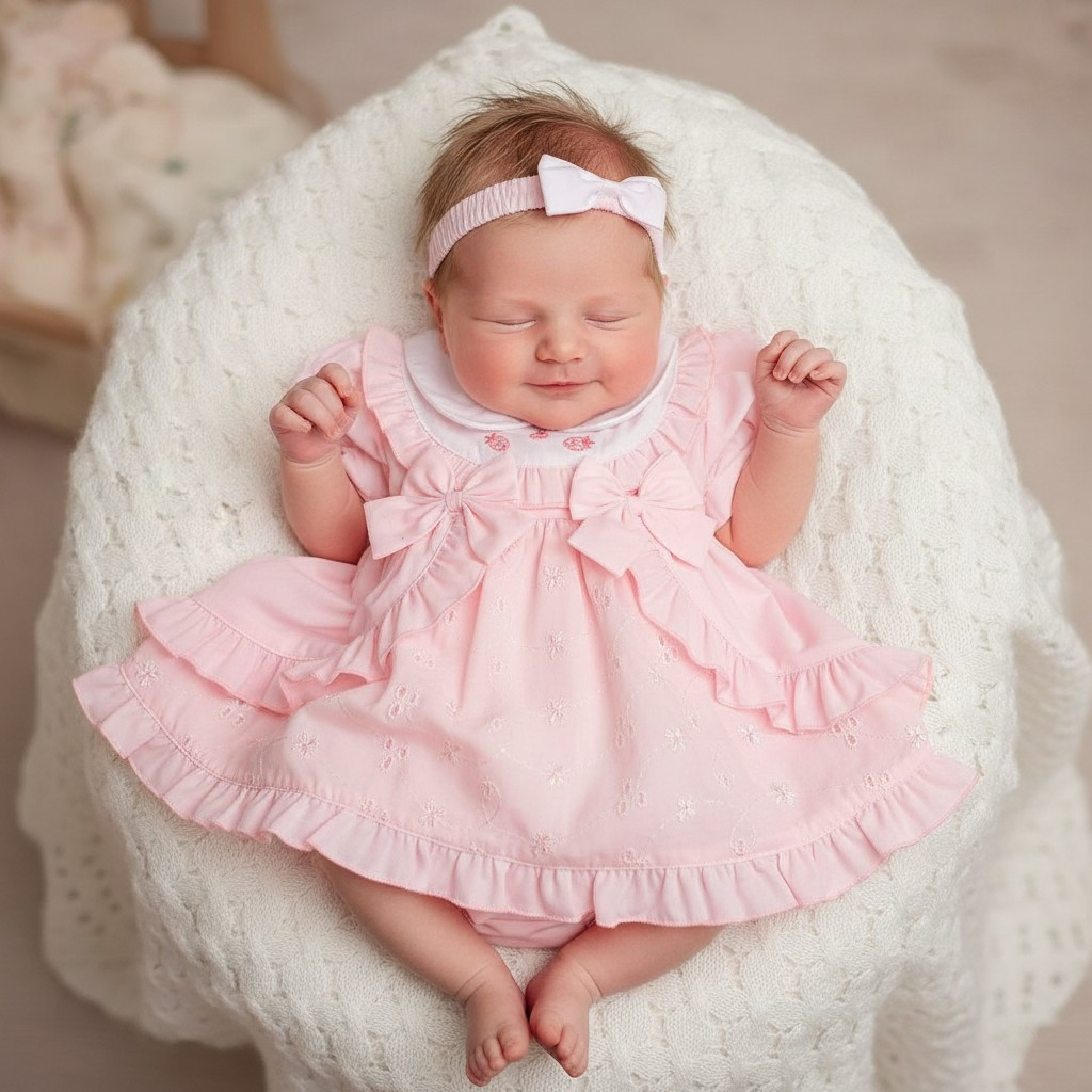 Tiny Chick PB-20-71 5035320207186 TCLBW20-718pi Broderie Anglaise "Bows" Dress Set (3-8lbs)