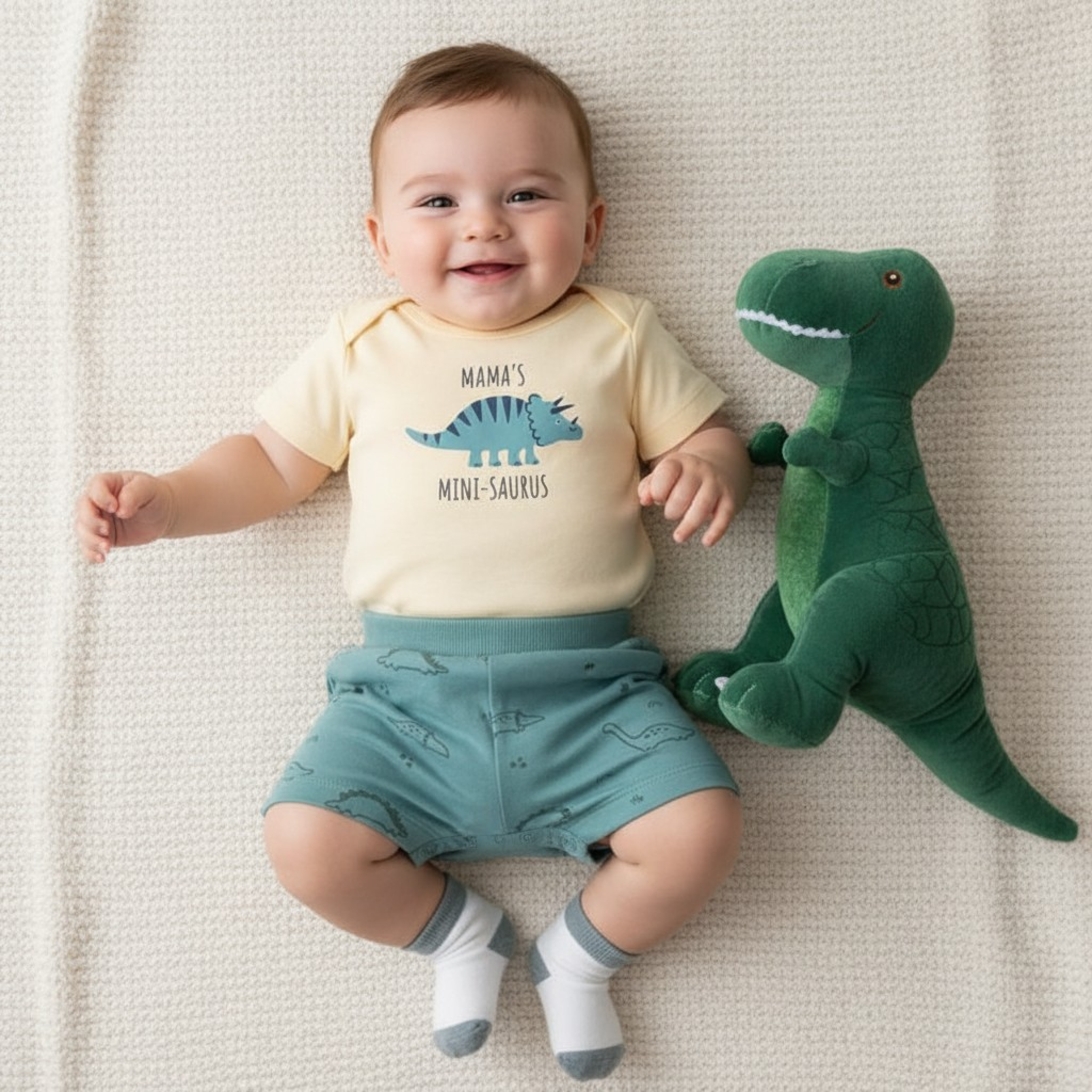 TIAGHRB Kids Fashion  * TH2831400 "Mini Saurus " bodyvest  shorts &socks( 3-12 months)