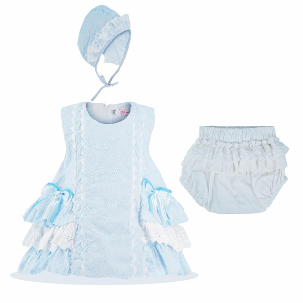 Tia London 2128 * TL2128-B Blue "Broderie Anglaise" Dress Set (0-12 months)