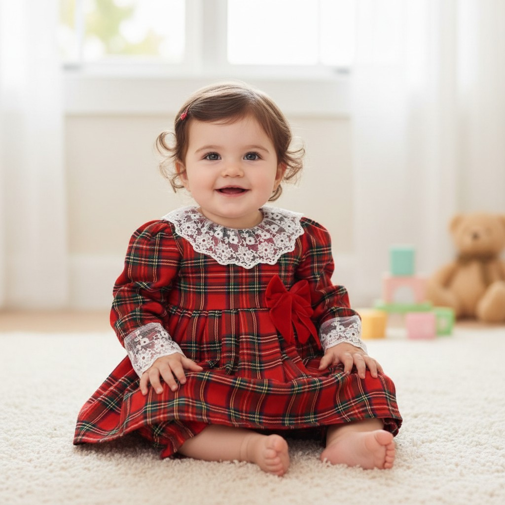 Tia London  * TLK2161 Red Tartan Laced Bow Dress Set (0-24 months)