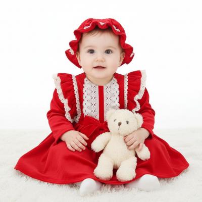 TiK245R-A  Velvet Bow Dress and hat  (0-12 months)