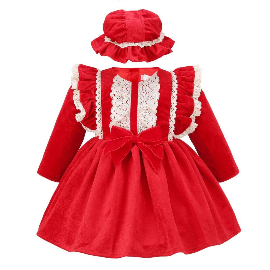 Tia London China * TiK245Red Velvet Bow Dress and hat (0-24 months)
