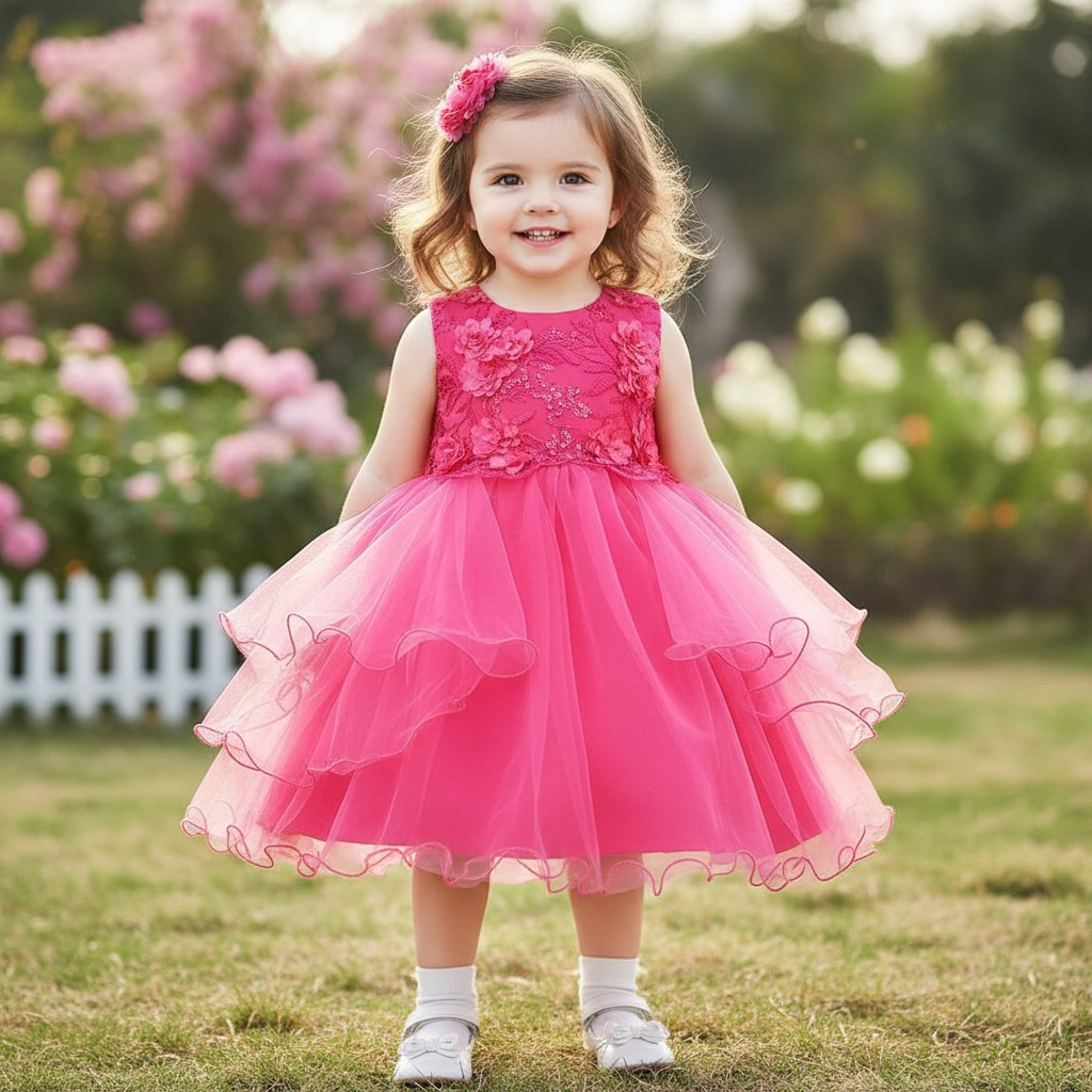 Tia London China * TiaH100HP Hot Pink Appliqued Dress(9-24 months)