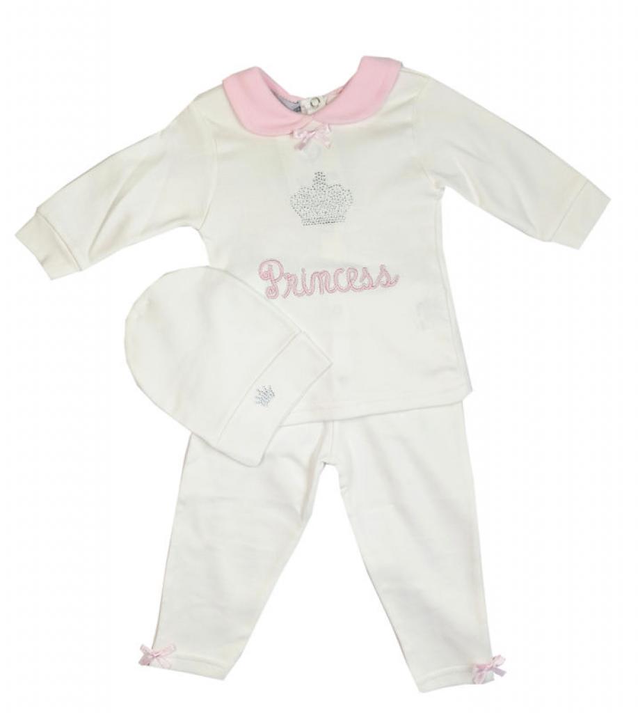 Visara & Vivaki 00178 * VV00178-IP Ivory and Pink "Princess" Three Piece Set (0-9m)