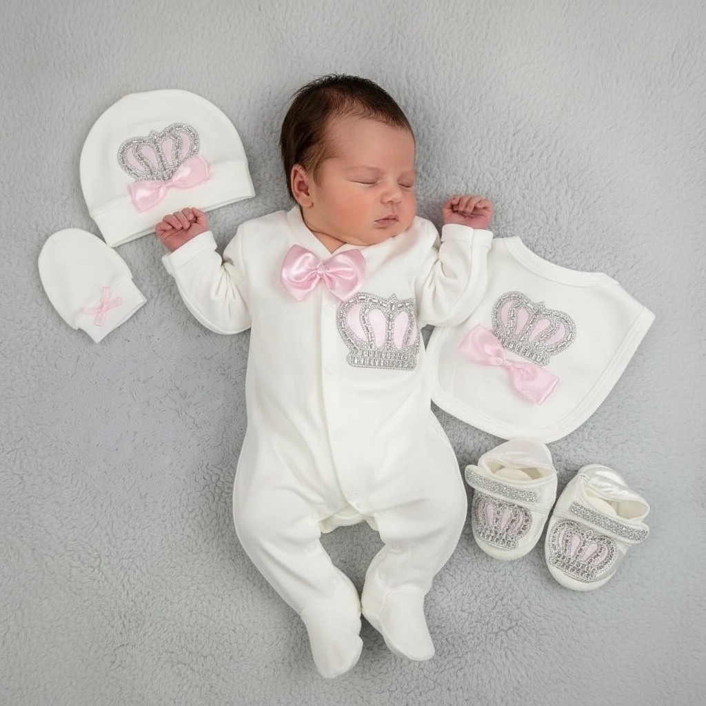 Visara & Vivaki  * VV22001-IP Ivory/Pink Crown Layette (0-6 months)