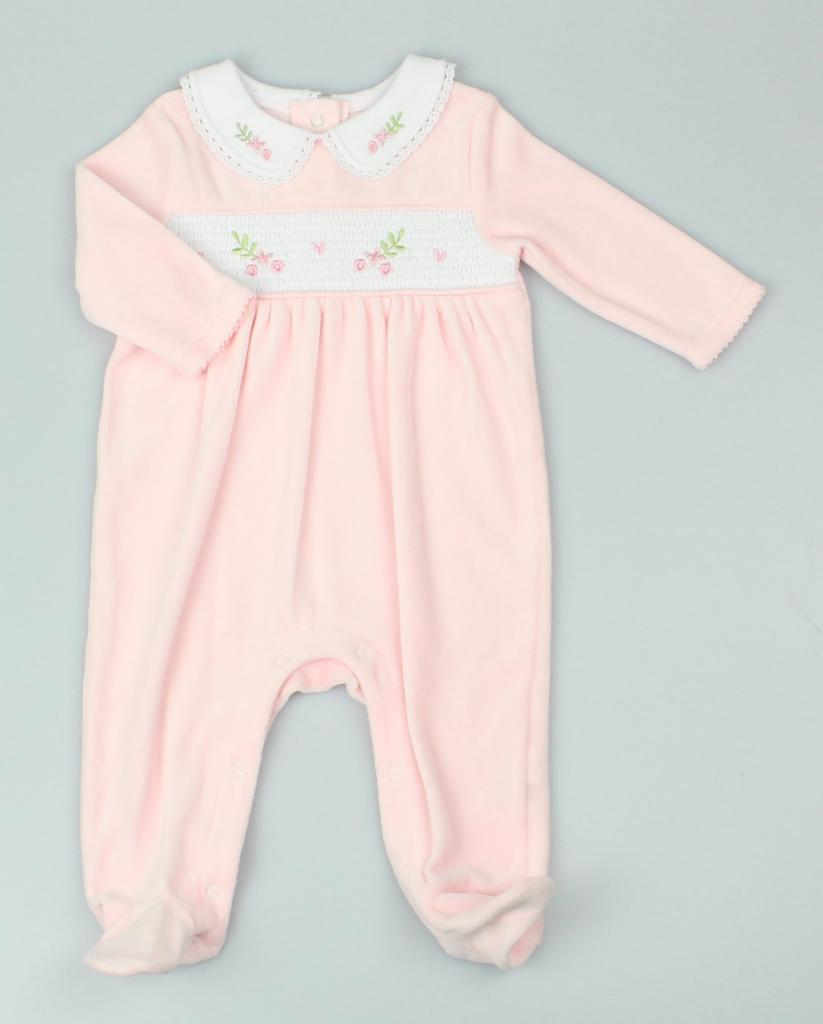 Pure & Soft  * PSG13001 Smocked "Flowers" Velour All In One (0-6 months)