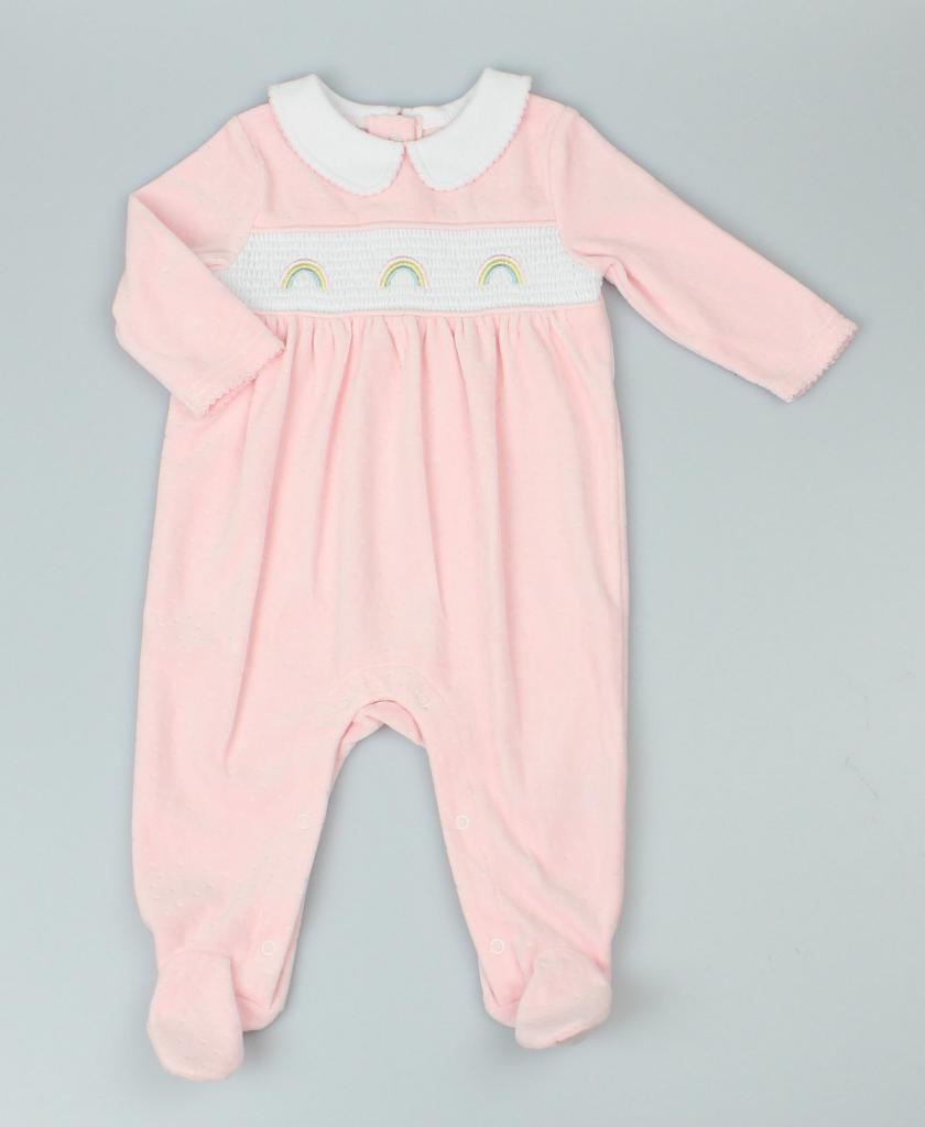 Pure & Soft  * PSG13006 Smocked "Rainbow" Velour All In One (0-6 months)