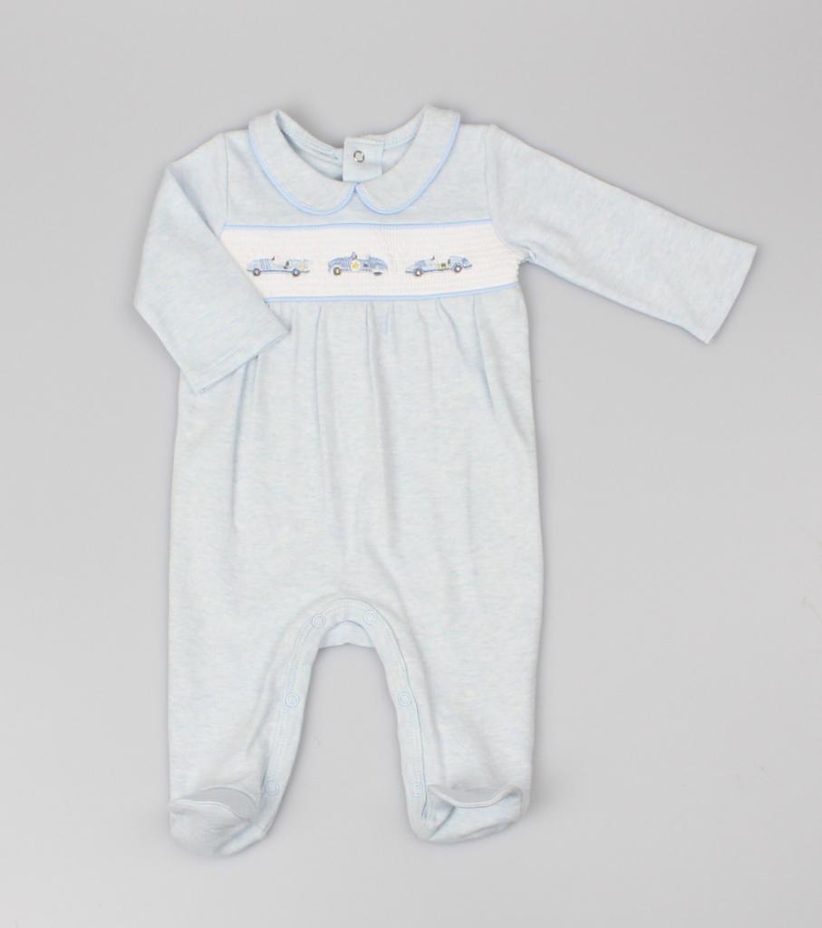 Watch Me Grow G13101 5050750079127 WMG13101 Blue Marl "Cars" Smocked All In One (0-6m)