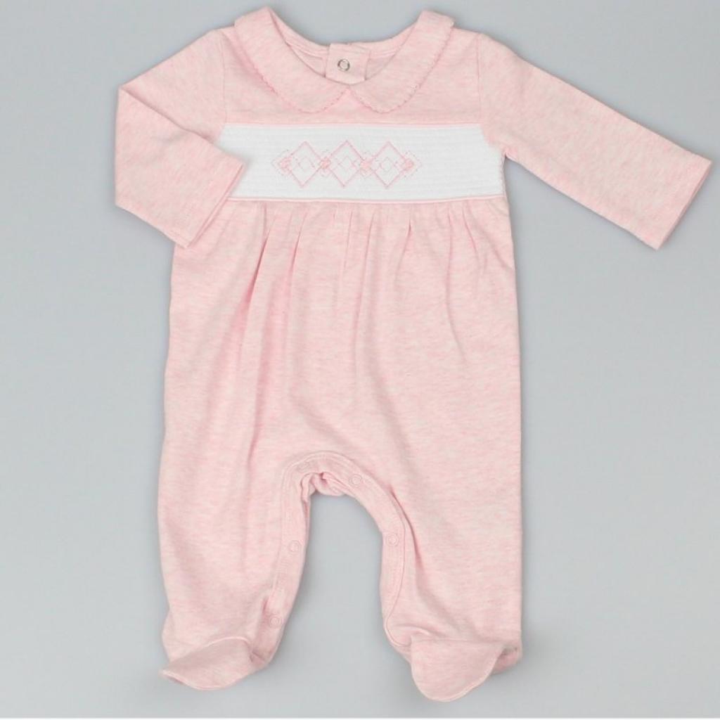 Watch Me Grow G13106 5050750079226 WMG13106 Pink Marl "Diamond" Smocked All In One (0-6 months)