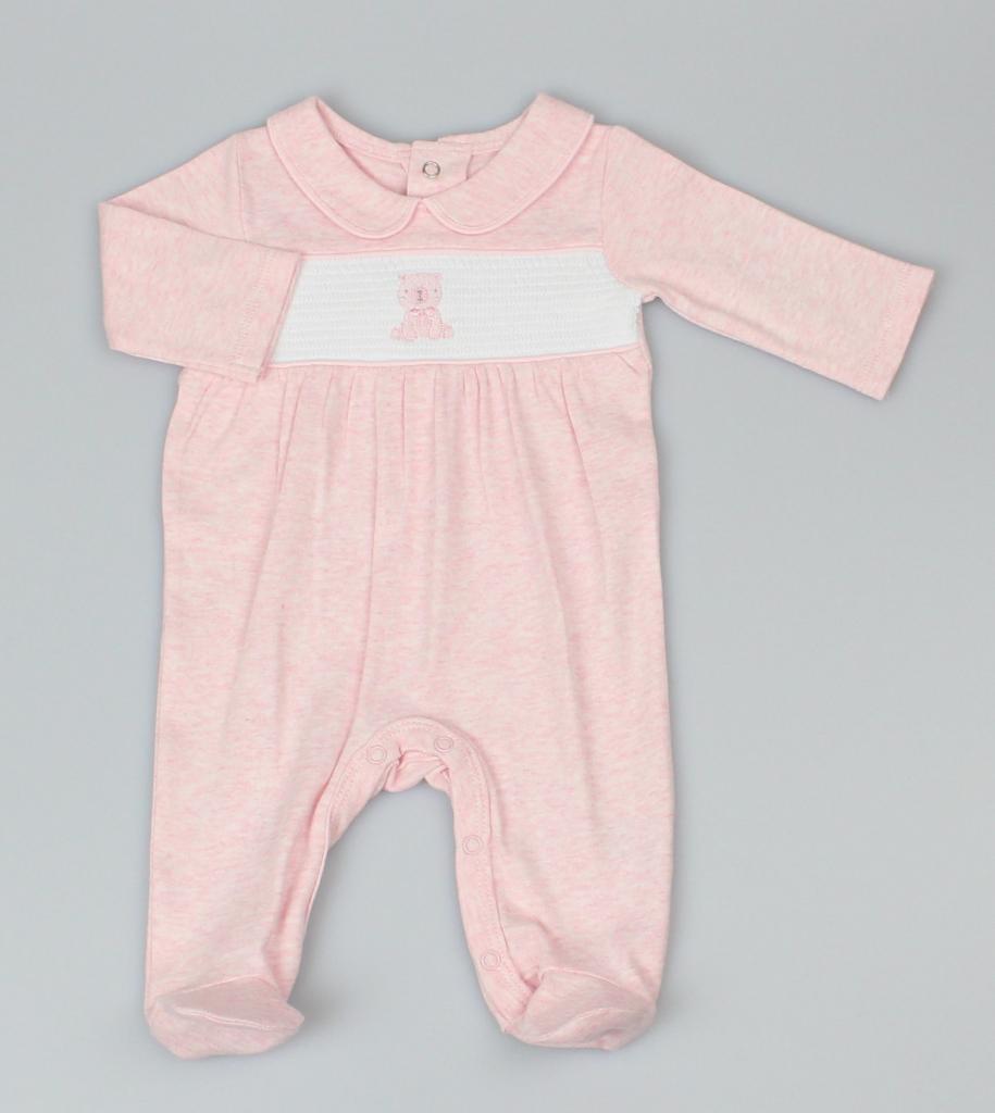 Watch Me Grow G13108 5050750079264 WMG13108 Pink Marl "Bear" Smocked All In One (0-6m)